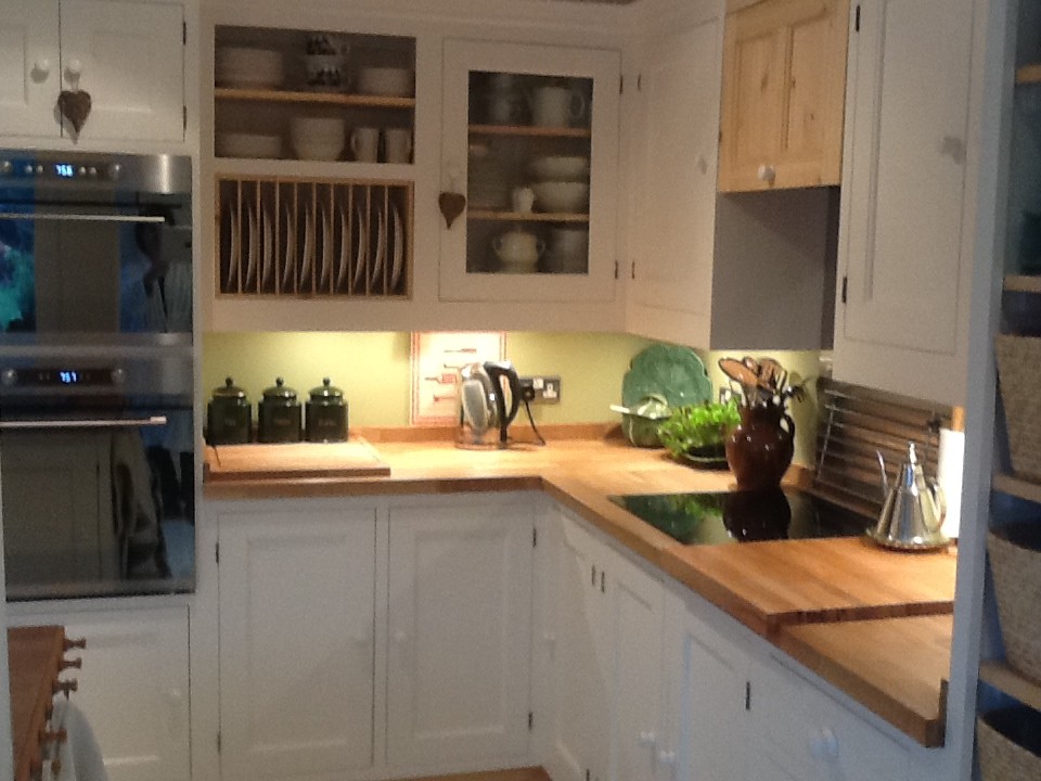 a pine painted kitchen with solid wood worktops